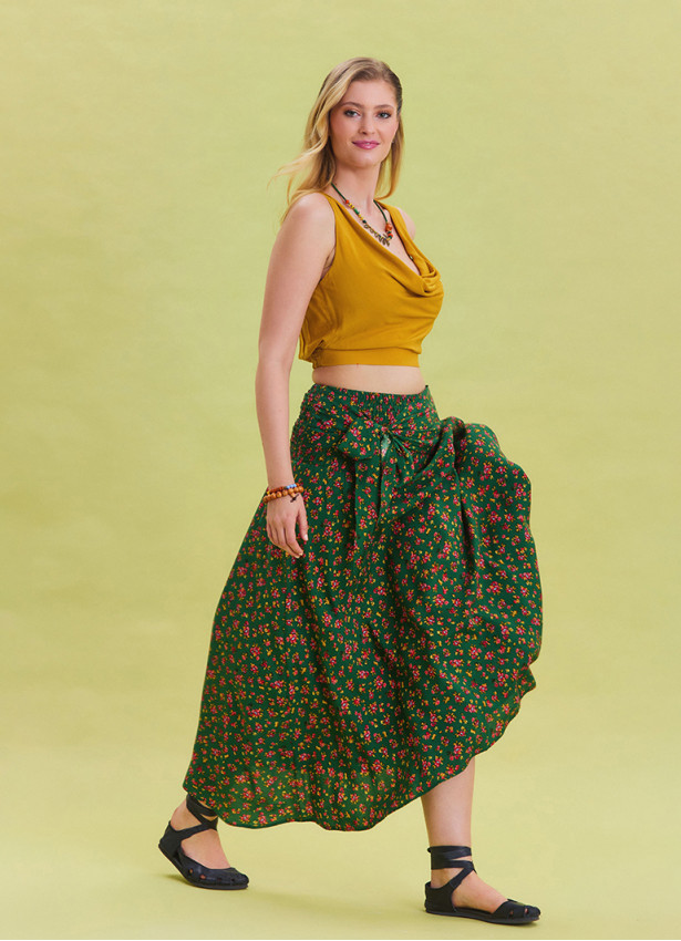 Gipe Waist Tied Green Patterned Ethnic Skirt 4501